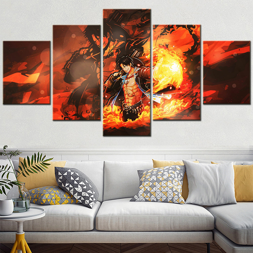 One Piece Canvas Wall Art - Fire Fist Ace 5 Piece Split Panel Anime Poster - Framed Ready to Hang Living Room & Man Cave Decor - OP5162