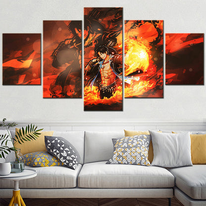 One Piece Canvas Wall Art - Fire Fist Ace 5 Piece Split Panel Anime Poster - Framed Ready to Hang Living Room & Man Cave Decor - OP5162