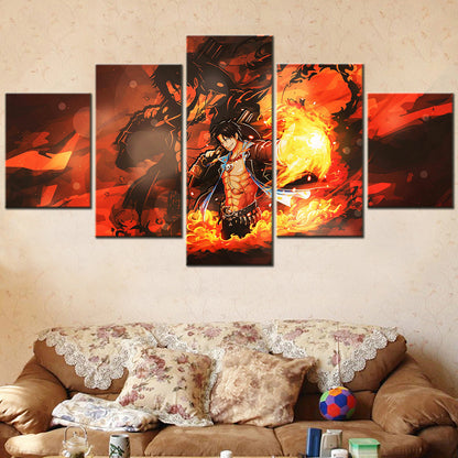 One Piece Canvas Wall Art - Fire Fist Ace 5 Piece Split Panel Anime Poster - Framed Ready to Hang Living Room & Man Cave Decor - OP5162