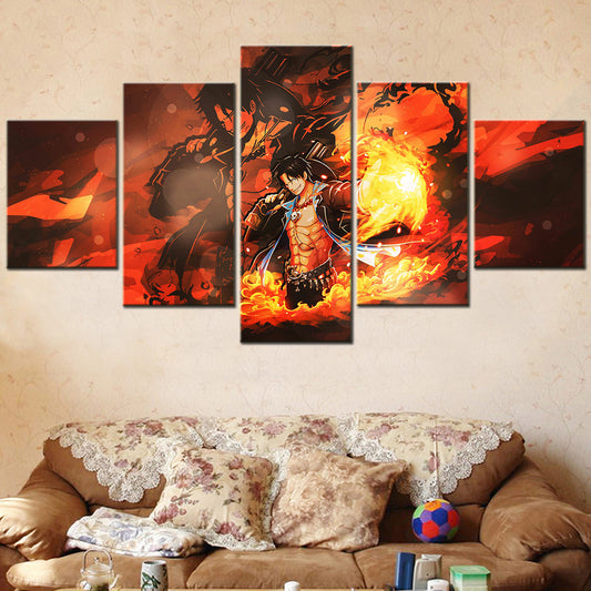 One Piece Canvas Wall Art - Fire Fist Ace 5 Piece Split Panel Anime Poster - Framed Ready to Hang Living Room & Man Cave Decor - OP5162