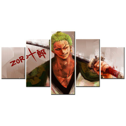 One Piece Canvas Wall Art - Roronoa Zoro Three Sword Style 5 Piece Split Panel Anime Poster - Framed Ready to Hang Living Room & Man Cave Decor - OP5164