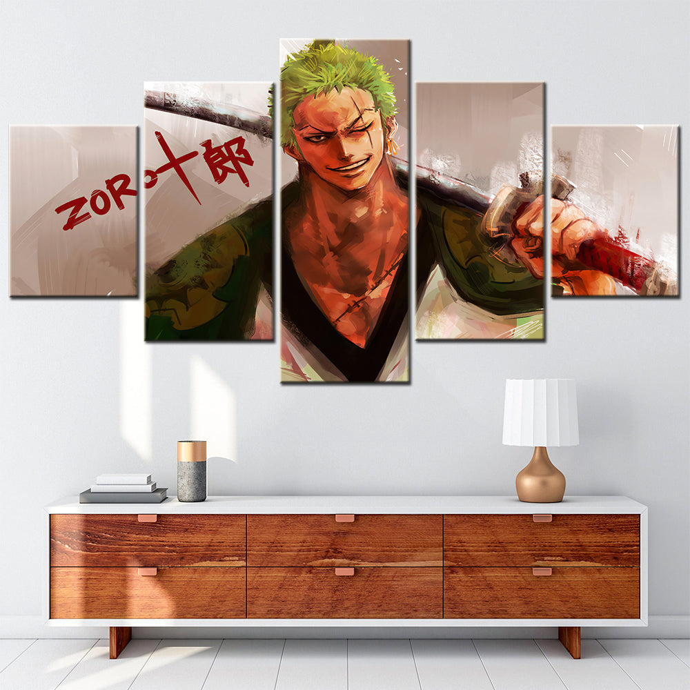 One Piece Canvas Wall Art - Roronoa Zoro Three Sword Style 5 Piece Split Panel Anime Poster - Framed Ready to Hang Living Room & Man Cave Decor - OP5164