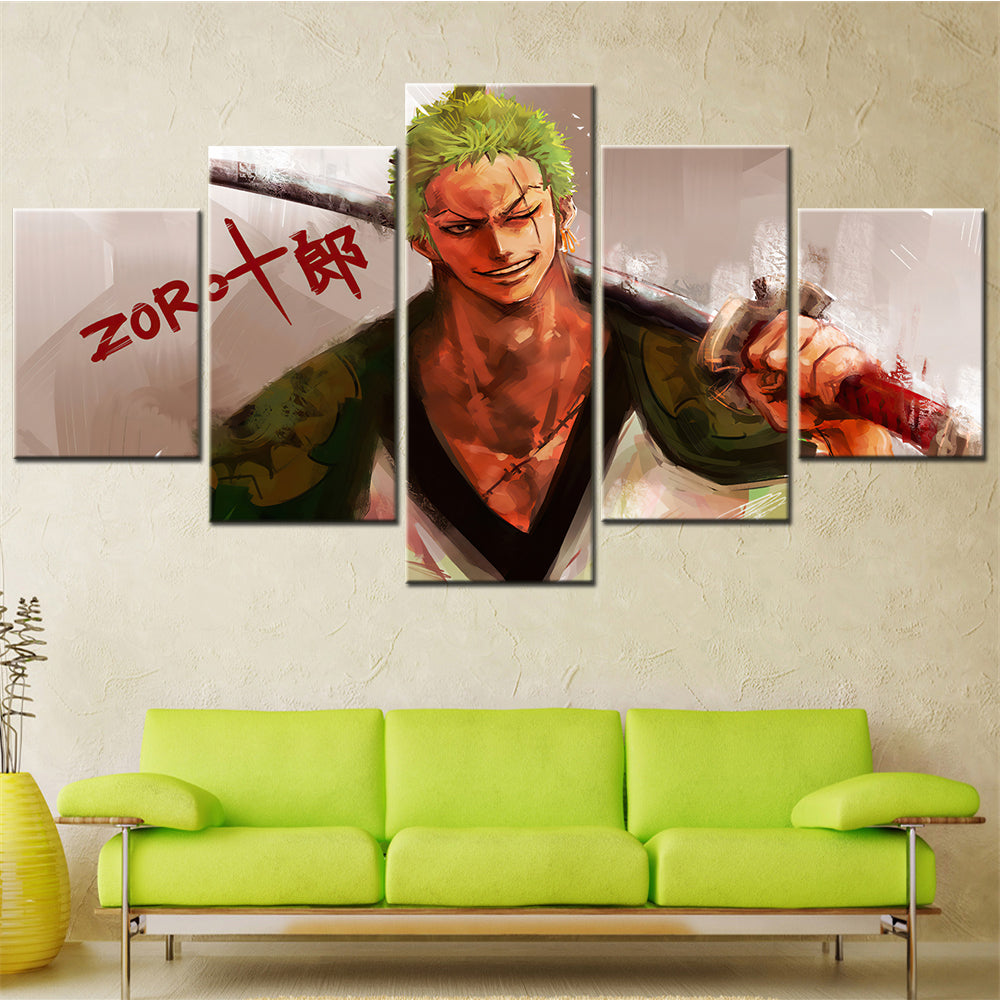 One Piece Canvas Wall Art - Roronoa Zoro Three Sword Style 5 Piece Split Panel Anime Poster - Framed Ready to Hang Living Room & Man Cave Decor - OP5164