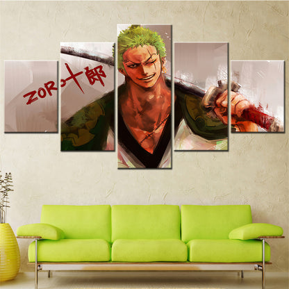 One Piece Canvas Wall Art - Roronoa Zoro Three Sword Style 5 Piece Split Panel Anime Poster - Framed Ready to Hang Living Room & Man Cave Decor - OP5164