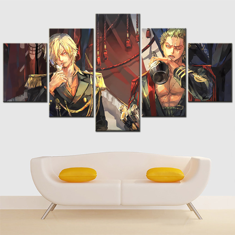 One Piece Canvas Wall Art - Roronoa Zoro Three Sword Style & Sanji 5 Piece Split Panel Anime Poster - Framed Ready to Hang Living Room & Man Cave Decor - OP5165