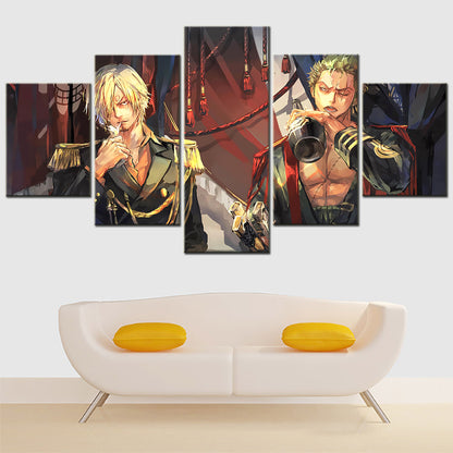 One Piece Canvas Wall Art - Roronoa Zoro Three Sword Style & Sanji 5 Piece Split Panel Anime Poster - Framed Ready to Hang Living Room & Man Cave Decor - OP5165