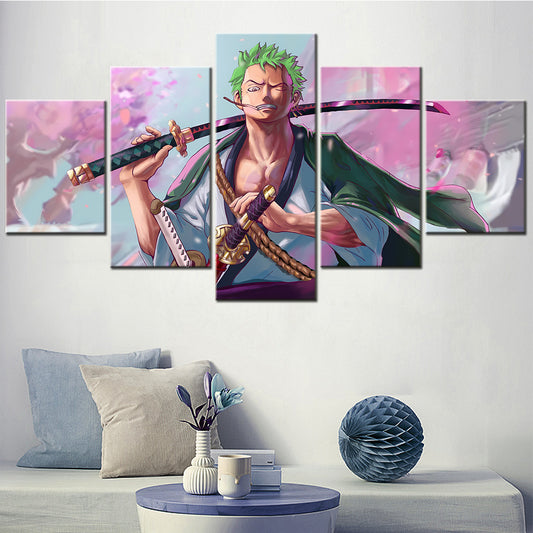 One Piece Canvas Wall Art - Roronoa Zoro Three Sword Style 5 Piece Split Panel Anime Poster - Framed Ready to Hang Living Room & Man Cave Decor - OP5166