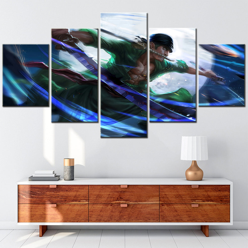 One Piece Canvas Wall Art - Roronoa Zoro Three Sword Style 5 Piece Split Panel Anime Poster - Framed Ready to Hang Living Room & Man Cave Decor - OP5167