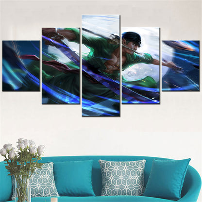 One Piece Canvas Wall Art - Roronoa Zoro Three Sword Style 5 Piece Split Panel Anime Poster - Framed Ready to Hang Living Room & Man Cave Decor - OP5167