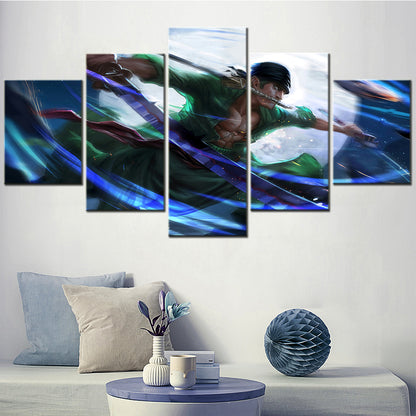 One Piece Canvas Wall Art - Roronoa Zoro Three Sword Style 5 Piece Split Panel Anime Poster - Framed Ready to Hang Living Room & Man Cave Decor - OP5167