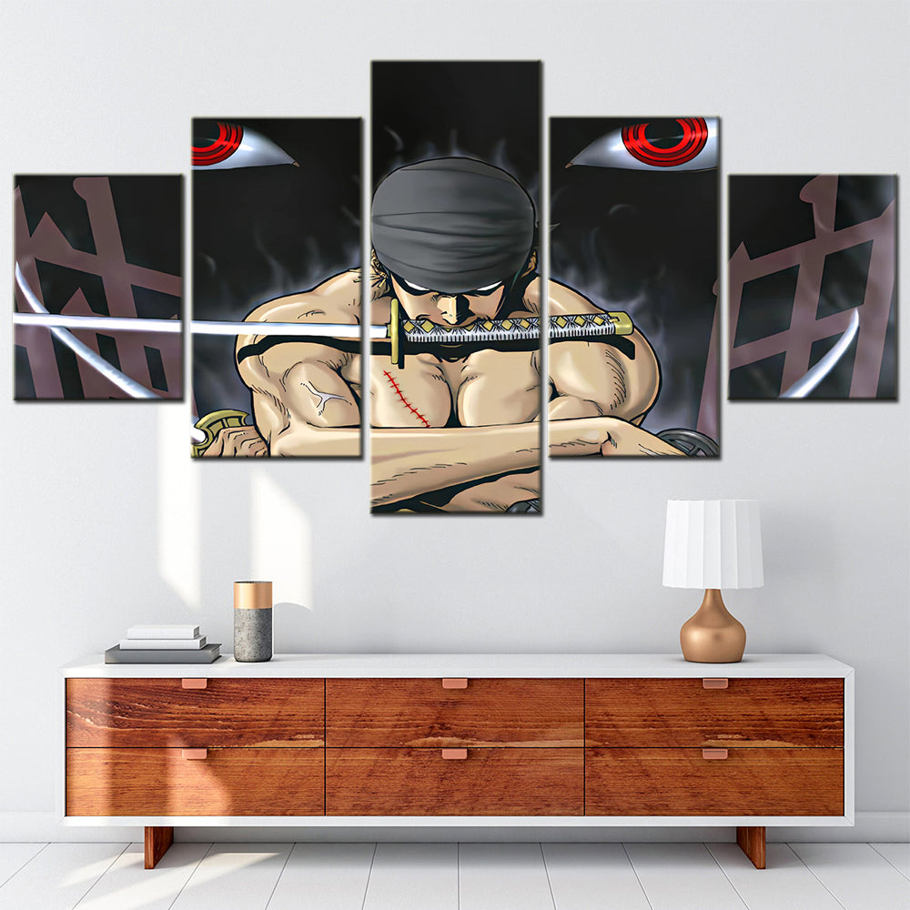 One Piece Canvas Wall Art - Roronoa Zoro Three Sword Style 5 Piece Split Panel Anime Poster - Framed Ready to Hang Living Room & Man Cave Decor - OP5168