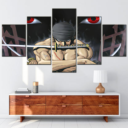 One Piece Canvas Wall Art - Roronoa Zoro Three Sword Style 5 Piece Split Panel Anime Poster - Framed Ready to Hang Living Room & Man Cave Decor - OP5168