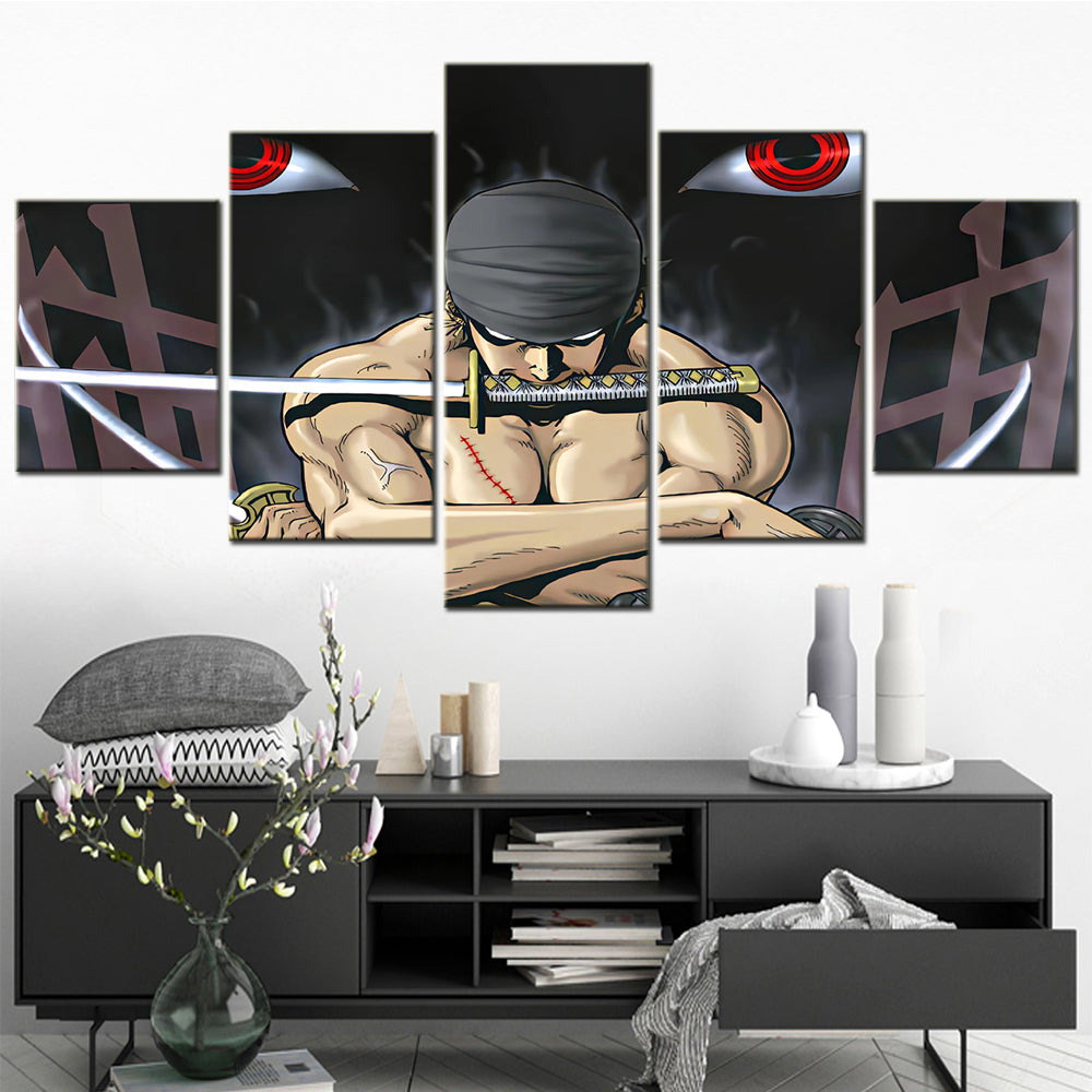 One Piece Canvas Wall Art - Roronoa Zoro Three Sword Style 5 Piece Split Panel Anime Poster - Framed Ready to Hang Living Room & Man Cave Decor - OP5168