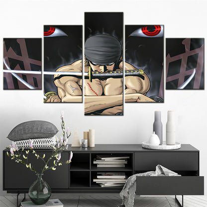 One Piece Canvas Wall Art - Roronoa Zoro Three Sword Style 5 Piece Split Panel Anime Poster - Framed Ready to Hang Living Room & Man Cave Decor - OP5168