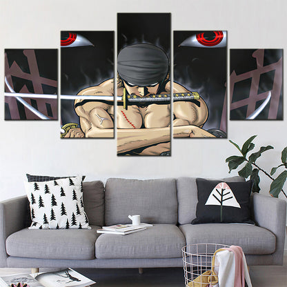 One Piece Canvas Wall Art - Roronoa Zoro Three Sword Style 5 Piece Split Panel Anime Poster - Framed Ready to Hang Living Room & Man Cave Decor - OP5168