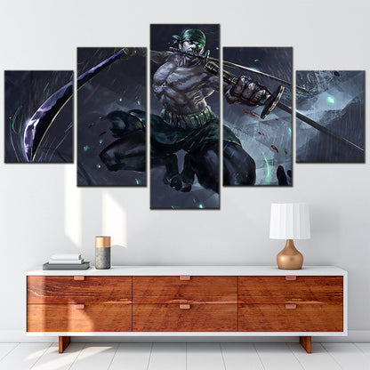 One Piece Canvas Wall Art - Roronoa Zoro Three Sword Style 5 Piece Split Panel Anime Poster - Framed Ready to Hang Living Room & Man Cave Decor - OP5169