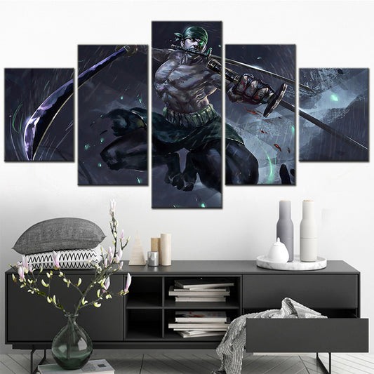 One Piece Canvas Wall Art - Roronoa Zoro Three Sword Style 5 Piece Split Panel Anime Poster - Framed Ready to Hang Living Room & Man Cave Decor - OP5169