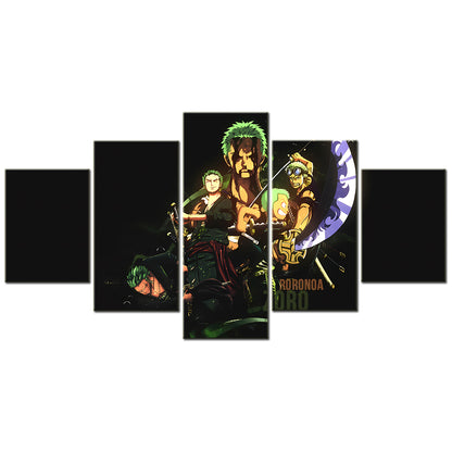 One Piece Canvas Wall Art - Roronoa Zoro Three Sword Style 5 Piece Split Panel Anime Poster - Framed Ready to Hang Living Room & Man Cave Decor - OP5170