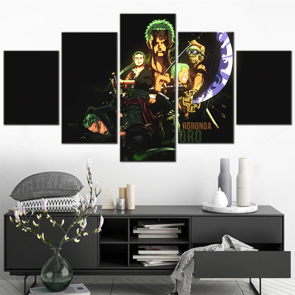One Piece Canvas Wall Art - Roronoa Zoro Three Sword Style 5 Piece Split Panel Anime Poster - Framed Ready to Hang Living Room & Man Cave Decor - OP5170