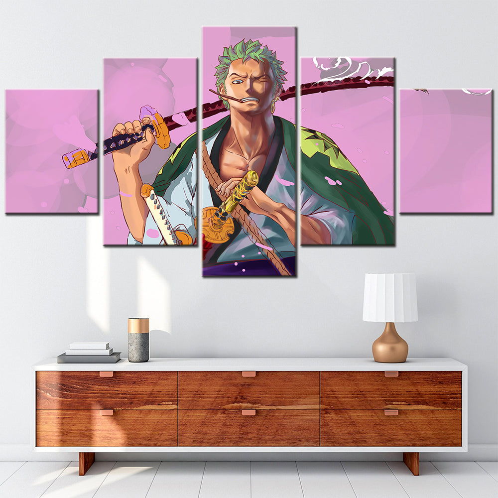 One Piece Canvas Wall Art - Roronoa Zoro Three Sword Style 5 Piece Split Panel Anime Poster - Framed Ready to Hang Living Room & Man Cave Decor - OP5171