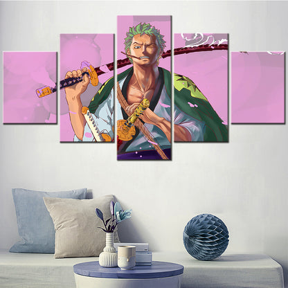 One Piece Canvas Wall Art - Roronoa Zoro Three Sword Style 5 Piece Split Panel Anime Poster - Framed Ready to Hang Living Room & Man Cave Decor - OP5171