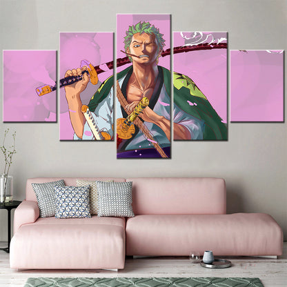 One Piece Canvas Wall Art - Roronoa Zoro Three Sword Style 5 Piece Split Panel Anime Poster - Framed Ready to Hang Living Room & Man Cave Decor - OP5171
