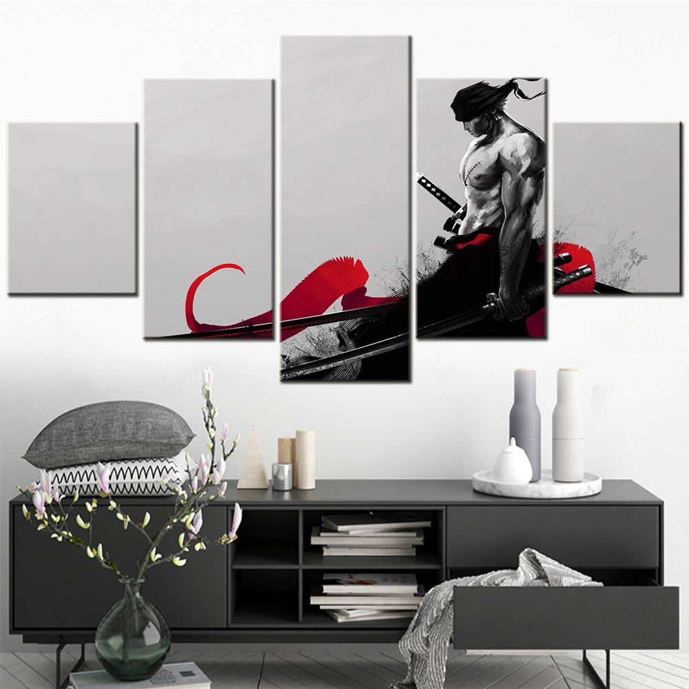 One Piece Canvas Wall Art - Roronoa Zoro Three Sword Style 5 Piece Split Panel Anime Poster - Framed Ready to Hang Living Room & Man Cave Decor - OP5172