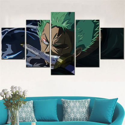 One Piece Canvas Wall Art - Roronoa Zoro Three Sword Style 5 Piece Split Panel Anime Poster - Framed Ready to Hang Living Room & Man Cave Decor - OP5173