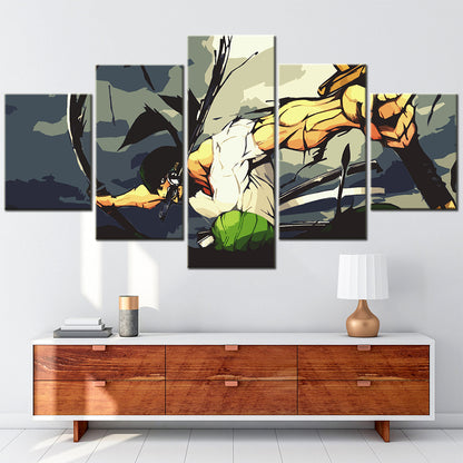 One Piece Canvas Wall Art - Roronoa Zoro Three Sword Style 5 Piece Split Panel Anime Poster - Framed Ready to Hang Living Room & Man Cave Decor - OP5175
