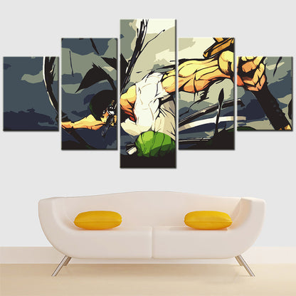 One Piece Canvas Wall Art - Roronoa Zoro Three Sword Style 5 Piece Split Panel Anime Poster - Framed Ready to Hang Living Room & Man Cave Decor - OP5175