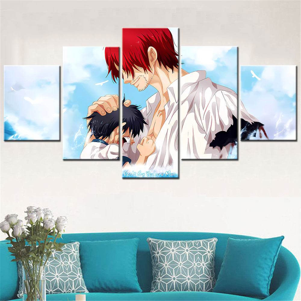 One Piece Canvas Wall Art - Shanks - Don't Cry You Are Man 5 Piece Split Panel Anime Poster - Framed Ready to Hang Living Room & Man Cave Decor - OP5176