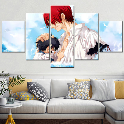 One Piece Canvas Wall Art - Shanks - Don't Cry You Are Man 5 Piece Split Panel Anime Poster - Framed Ready to Hang Living Room & Man Cave Decor - OP5176