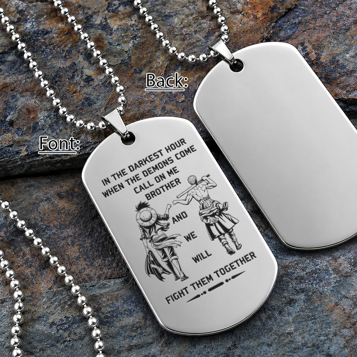 Personalized One Piece Luffy & Zoro Brother Dog Tag Necklace - "Call On Me Brother" Engraved Stainless Steel Military Pendant Gift for Men