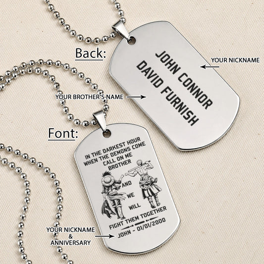 One Piece Engraved Dog Tag Necklace - OPD001 - Monkey D. Luffy - Roronoa Zoro - Call On Me Brother - Military Ball Chain