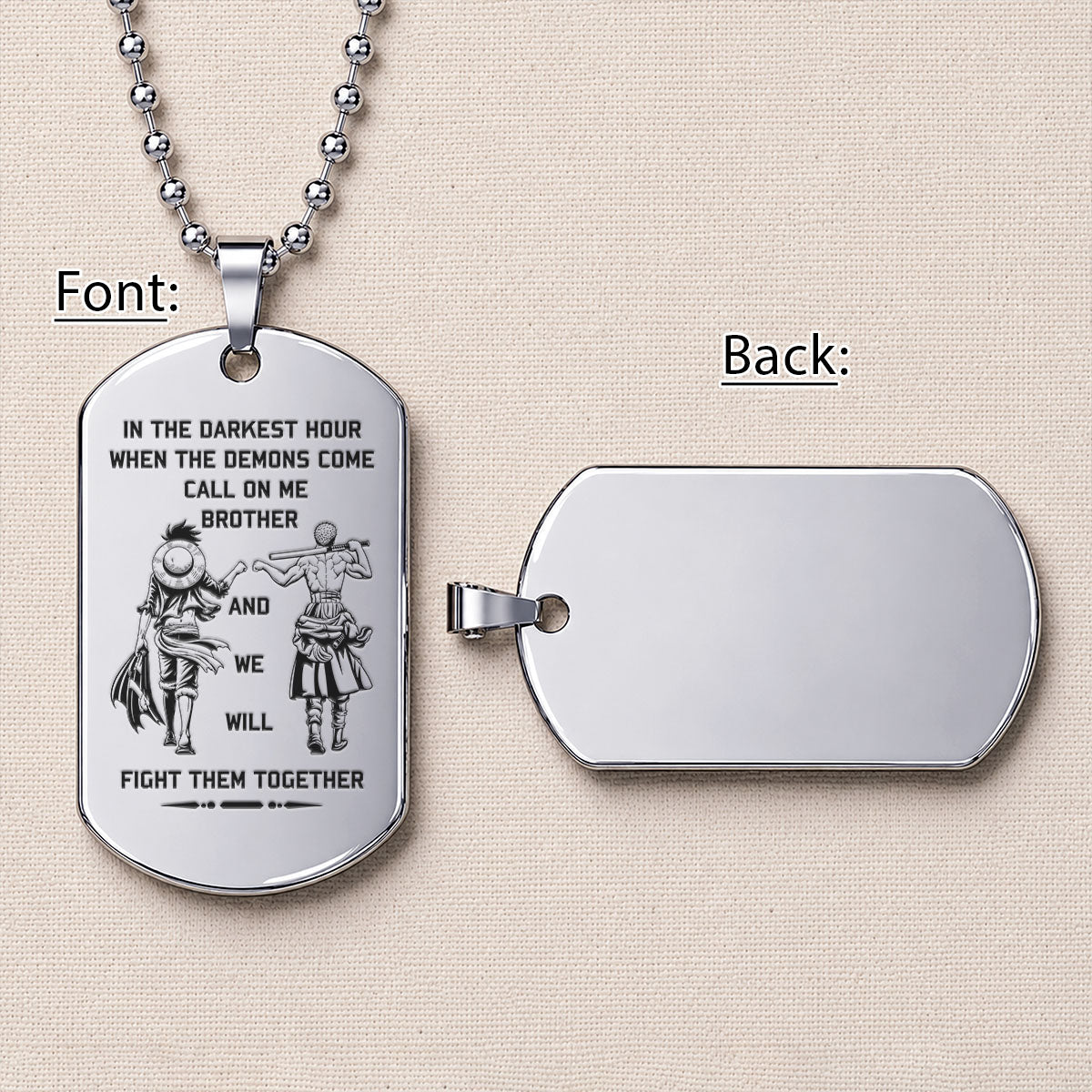 Personalized One Piece Luffy & Zoro Brother Dog Tag Necklace - "Call On Me Brother" Engraved Stainless Steel Military Pendant Gift for Men
