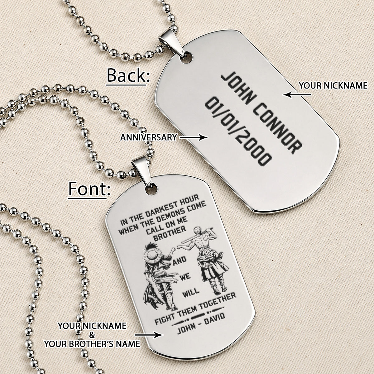 Personalized One Piece Luffy & Zoro Brother Dog Tag Necklace - "Call On Me Brother" Engraved Stainless Steel Military Pendant Gift for Men