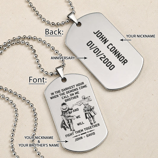 One Piece Engraved Dog Tag Necklace - OPD005 - Monkey D. Luffy - Roronoa Zoro - Brother Forever - Military Ball Chain