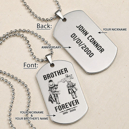 One Piece Engraved Dog Tag Necklace - OPD007 - Monkey D. Luffy - Roronoa Zoro - Brother Forever - Military Ball Chain
