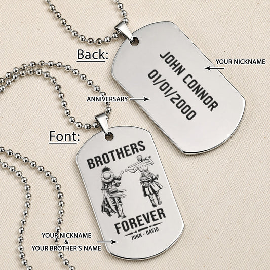 One Piece Engraved Dog Tag Necklace - OPD009 - Monkey D. Luffy - Roronoa Zoro - Brothers Forever - Military Ball Chain