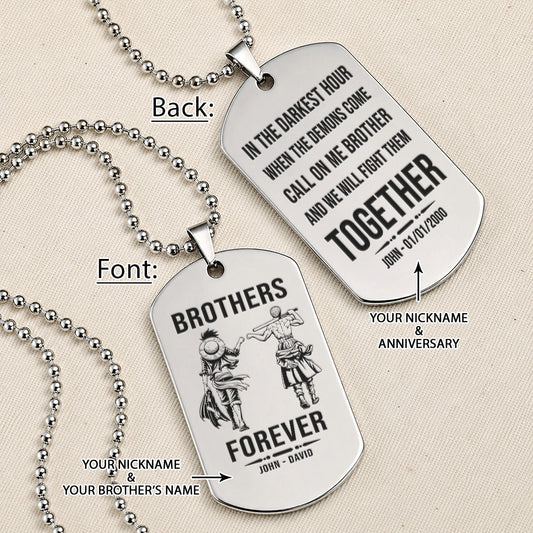 One Piece Engraved Dog Tag Necklace - OPD015 - Monkey D. Luffy - Roronoa Zoro - Brothers Forever - Military Ball Chain