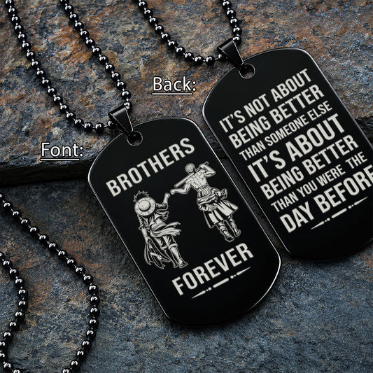 One Piece Engraved Dog Tag Necklace - OPD018 - Monkey D. Luffy - Roronoa Zoro - Brothers Forever - Military Ball Chain