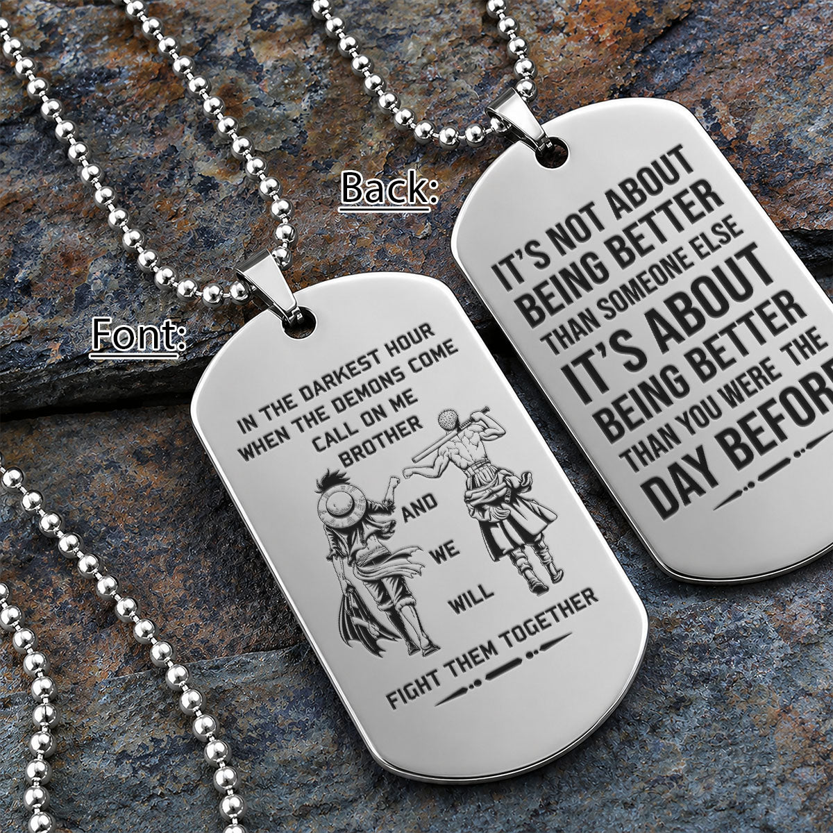 One Piece Engraved Dog Tag Necklace - OPD019 - Monkey D. Luffy - Roronoa Zoro - Call On Me Brother - Military Ball Chain
