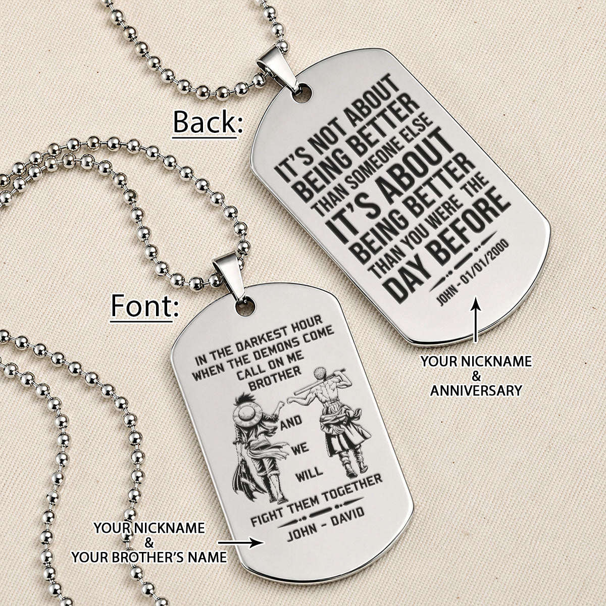 Personalized One Piece Luffy & Zoro Brother Dog Tag Necklace - "Call On Me Brother" Engraved Stainless Steel Military Pendant Gift for Men