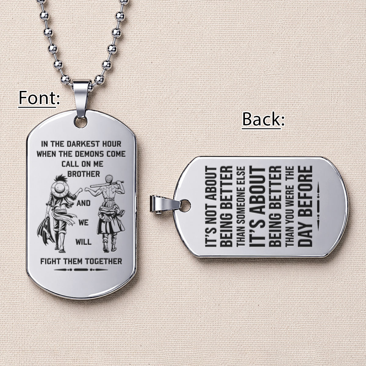 Personalized One Piece Luffy & Zoro Brother Dog Tag Necklace - "Call On Me Brother" Engraved Stainless Steel Military Pendant Gift for Men