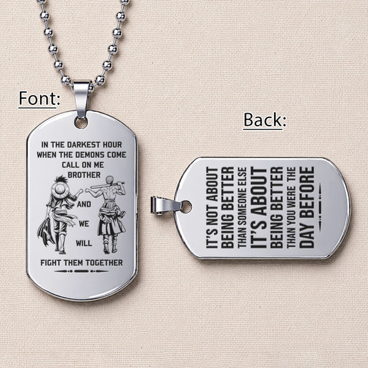 Personalized One Piece Luffy & Zoro Brother Dog Tag Necklace - "Call On Me Brother" Engraved Stainless Steel Military Pendant Gift for Men