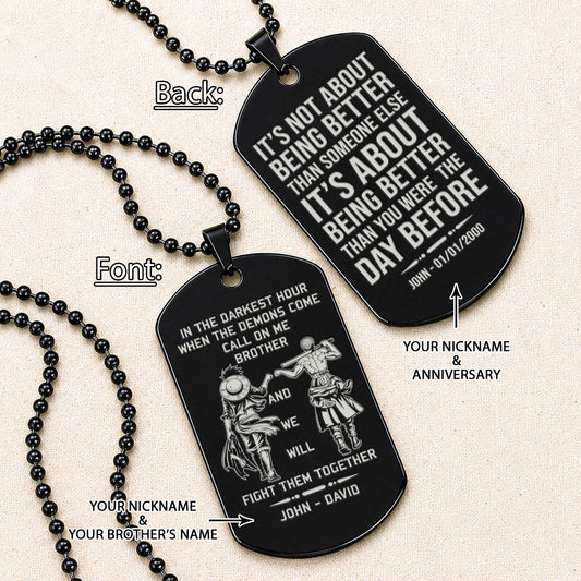 One Piece Engraved Dog Tag Necklace - OPD020 - Monkey D. Luffy - Roronoa Zoro - Call On Me Brother - Military Ball Chain