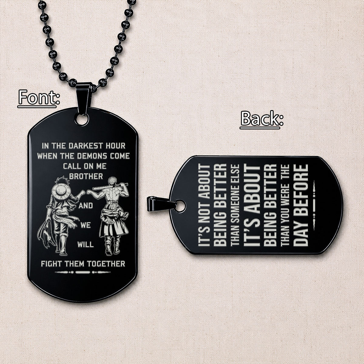 Personalized One Piece Luffy & Zoro Brother Dog Tag Necklace - "Call On Me Brother" Engraved Stainless Steel Military Pendant Gift for Men