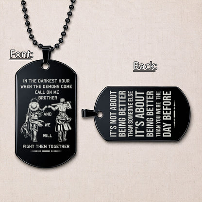Personalized One Piece Luffy & Zoro Brother Dog Tag Necklace - "Call On Me Brother" Engraved Stainless Steel Military Pendant Gift for Men