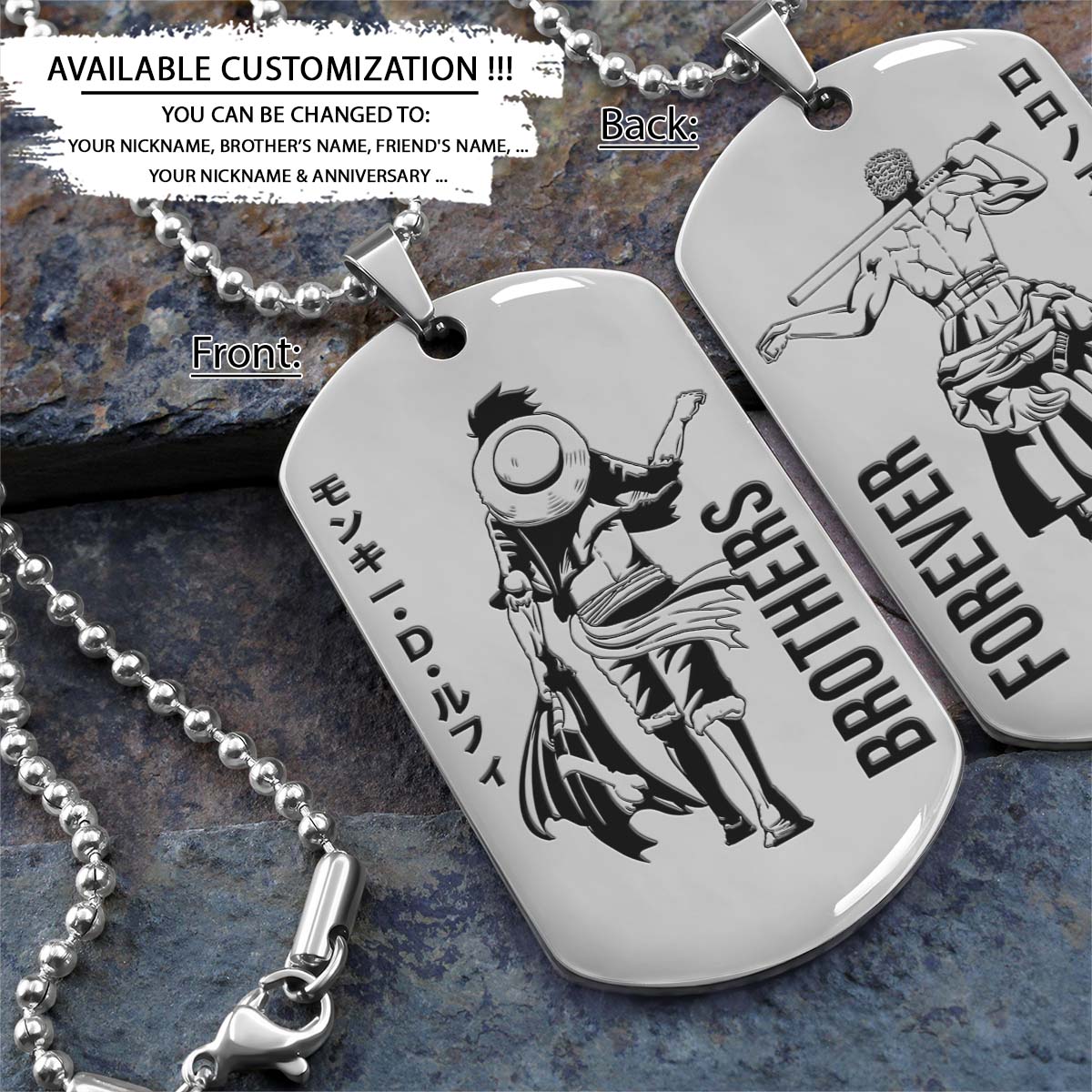 One Piece Dog Tag - Brothers Forever - Monkey D. Luffy - Roronoa Zoro - One Piece Necklace - Engrave Dog Tag