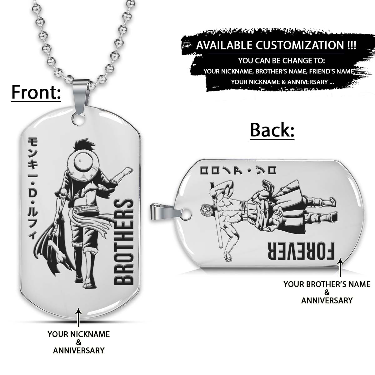 One Piece Dog Tag - Brothers Forever - Monkey D. Luffy - Roronoa Zoro - One Piece Necklace - Engrave Dog Tag